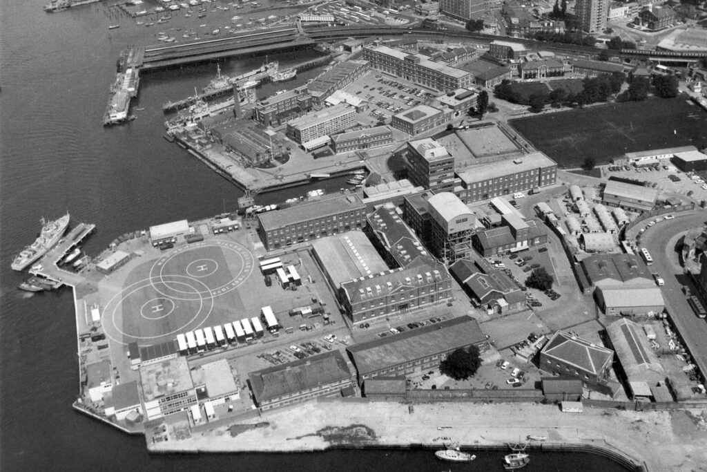 Aerial shot of HMS Vernon, now Gunwharf Quays, Portsmouth