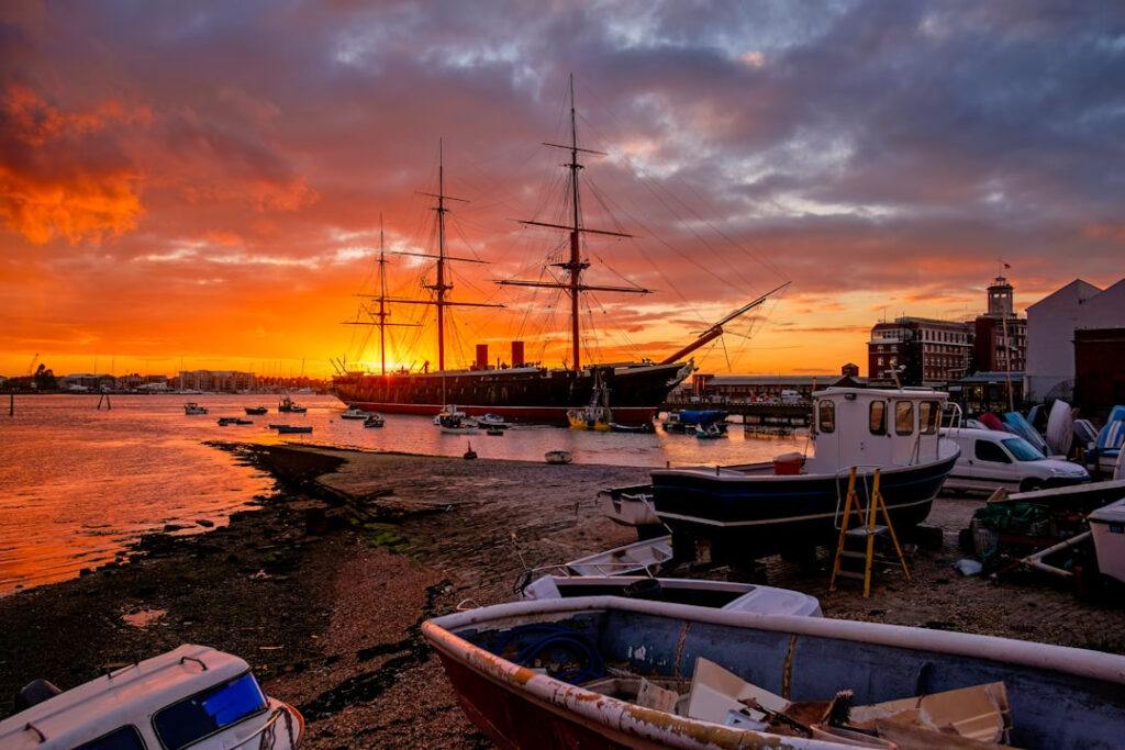 A sunset shot of the HMS Victory in the Portsmouth Historic Dockyard