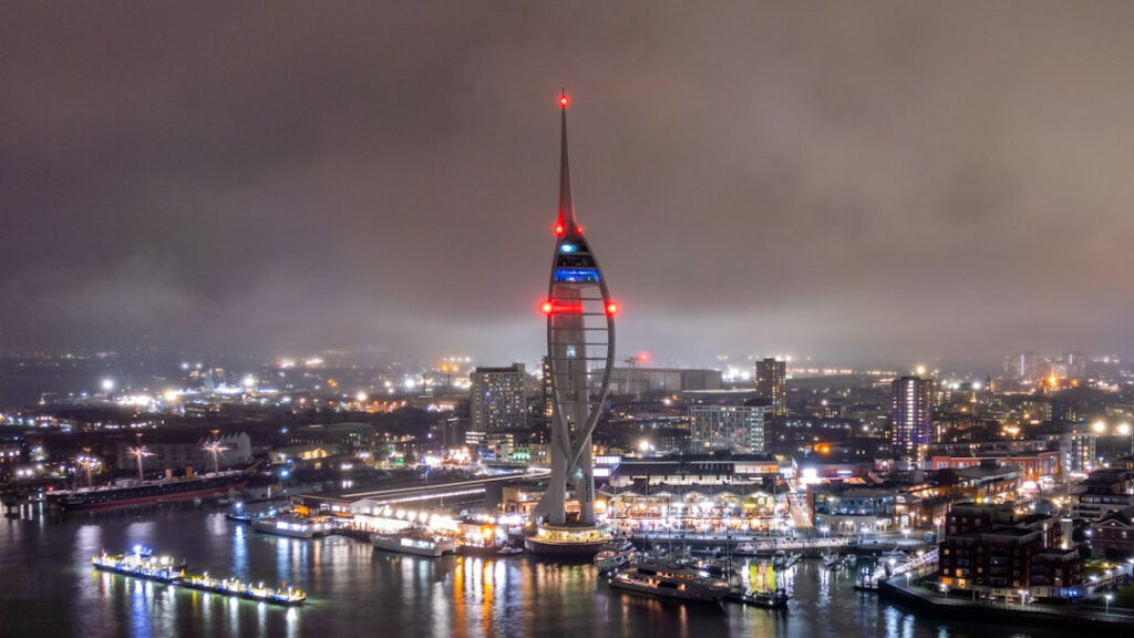 Aerial shot of the Spinnaker Tower in Gunwharf Quays, Portsmouth