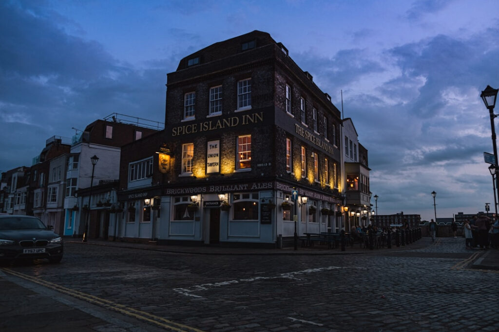 Nighttime shot of the Spice Island pub on the Point, Old Portsmouth